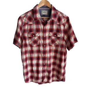 Flag and Anthem Plaid Pearl Snap Shirt Mens L Red Short Sleeve Button Down EUC